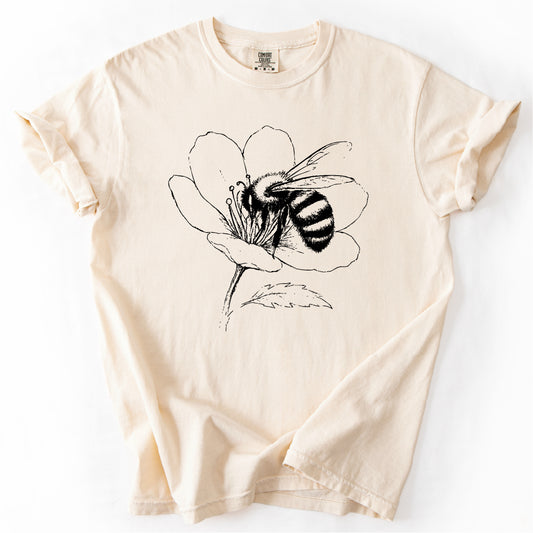 Vintage Line Art Honey Bee Wildflower T-shirt