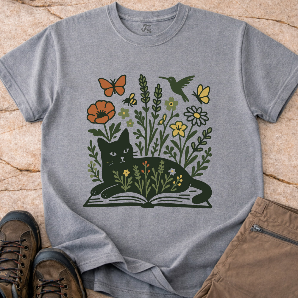 Wildflower Book Cat Tshirt