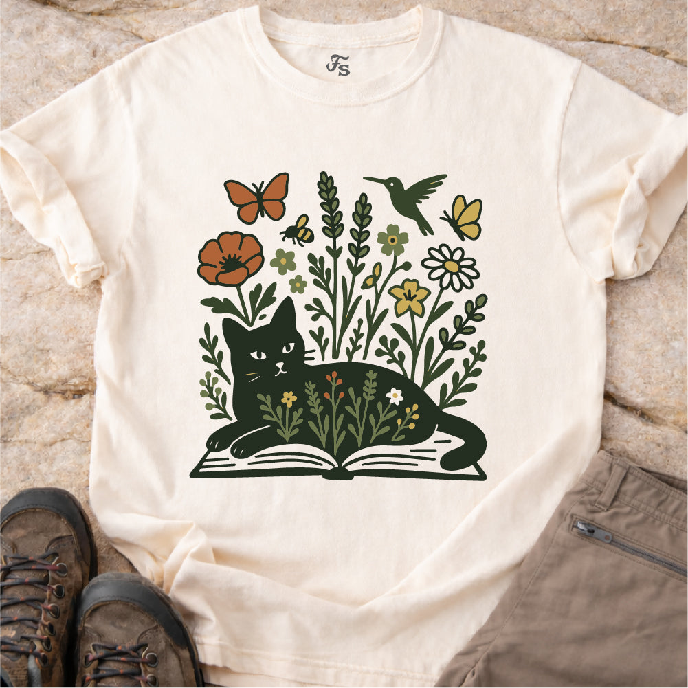 Wildflower Book Cat Tshirt