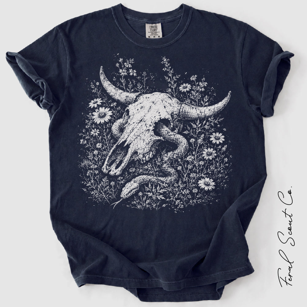 Snake Through Cow Skull Tshirt