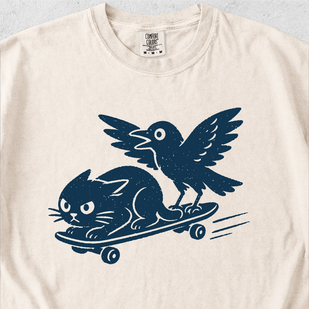 Cat and Crow Skateboard Tshirt