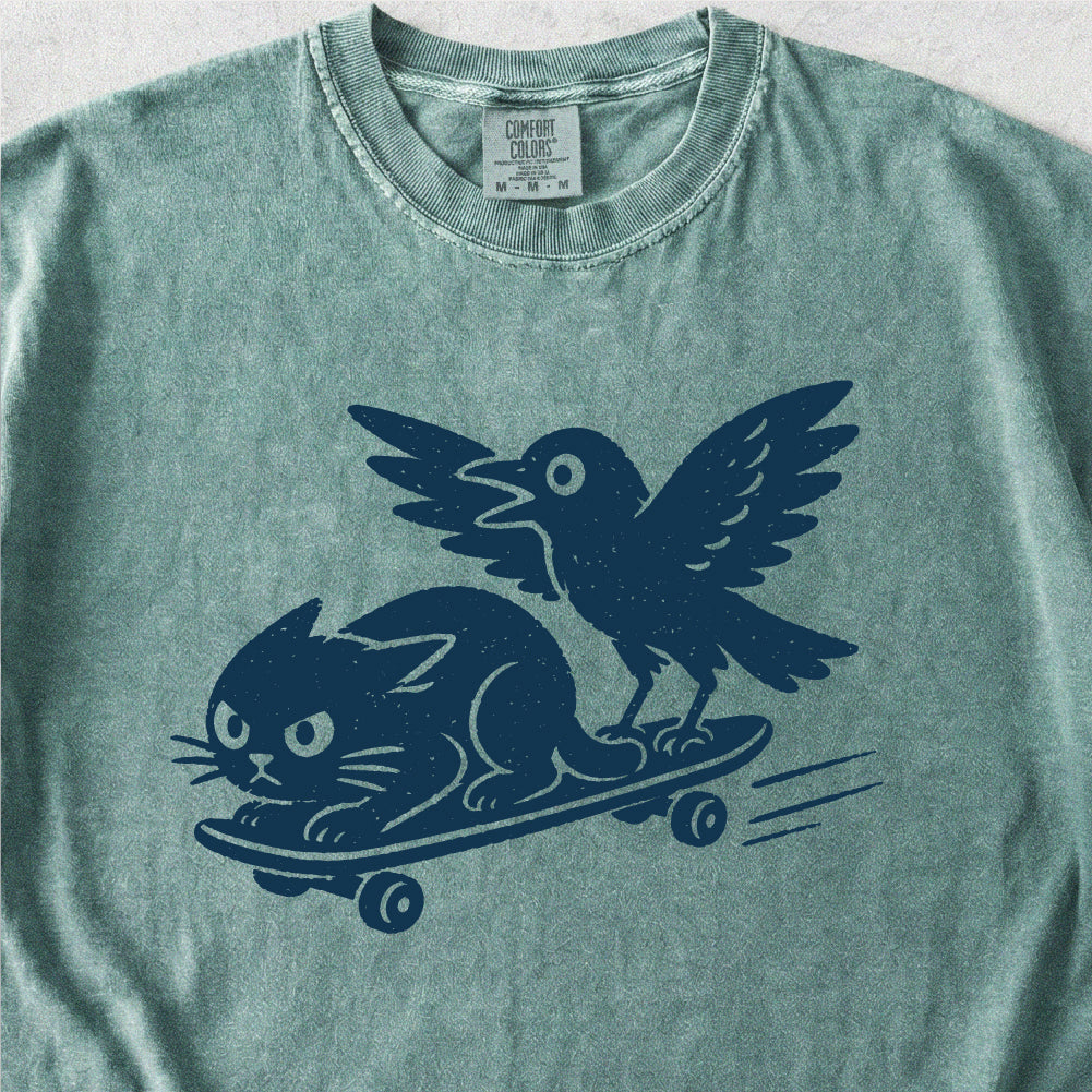 Cat and Crow Skateboard Tshirt