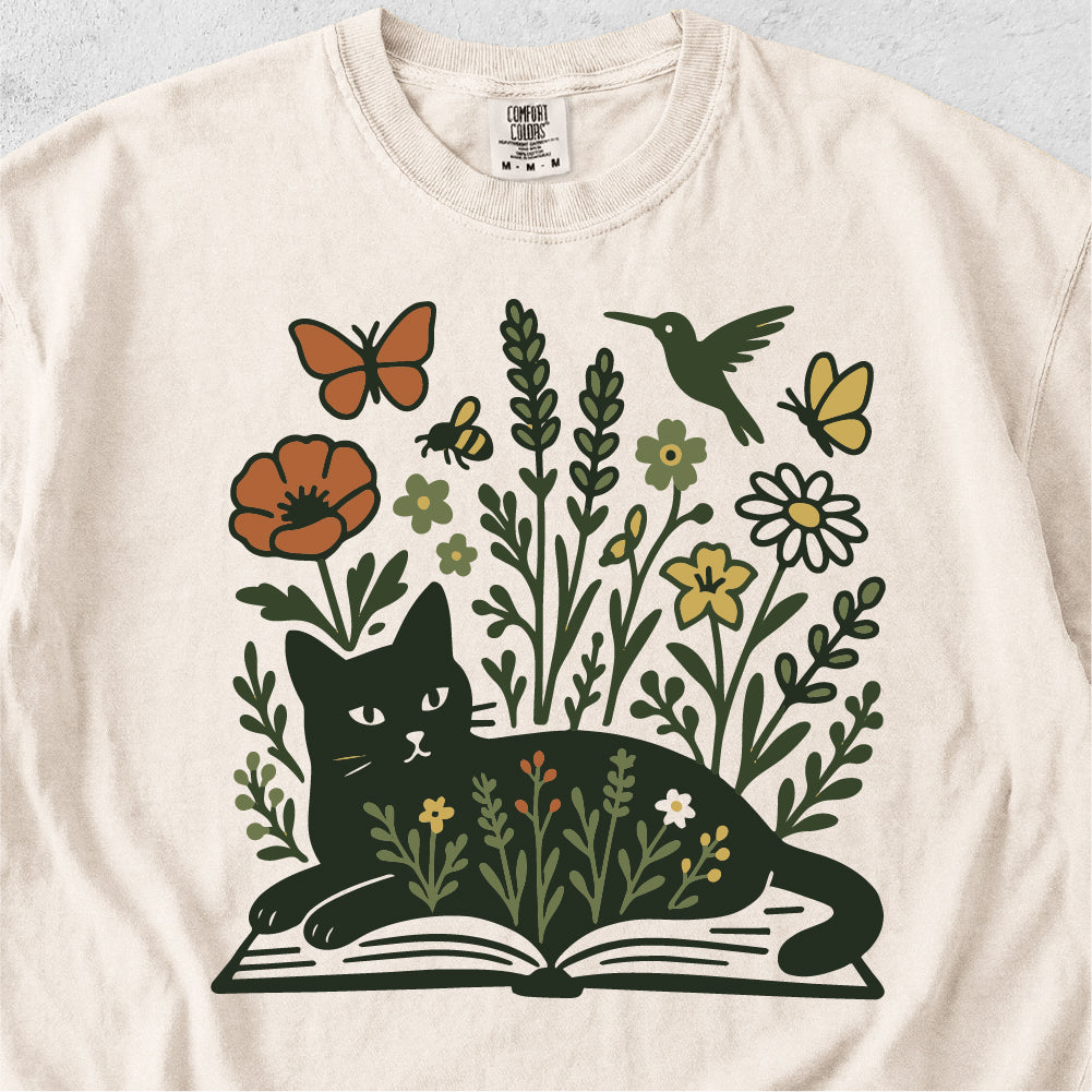 Wildflower Book Cat Tshirt