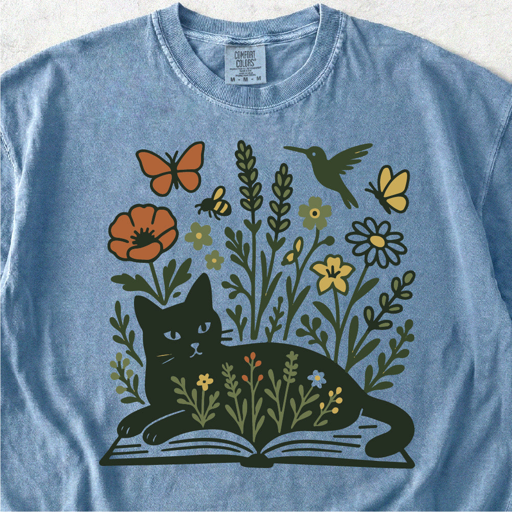 Wildflower Book Cat Tshirt