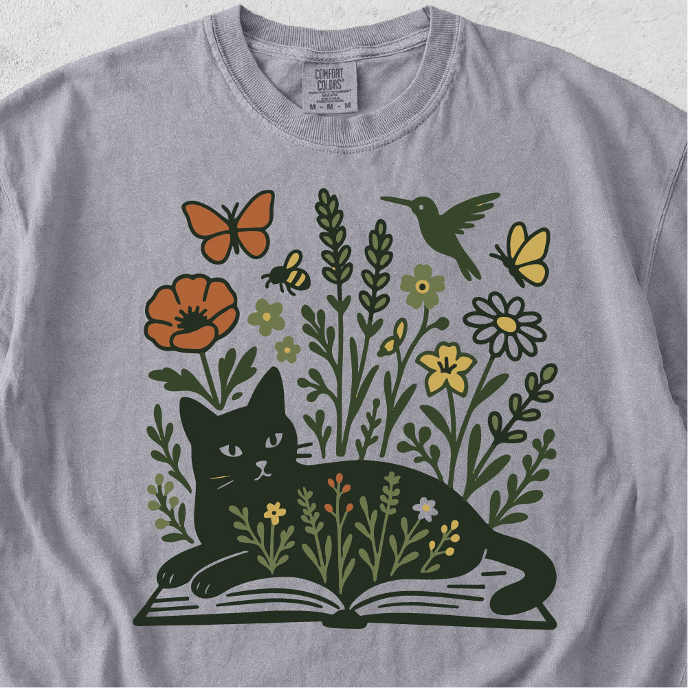 Wildflower Book Cat Tshirt