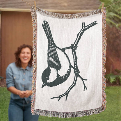 Chickadee on a Branch Woven Blanket