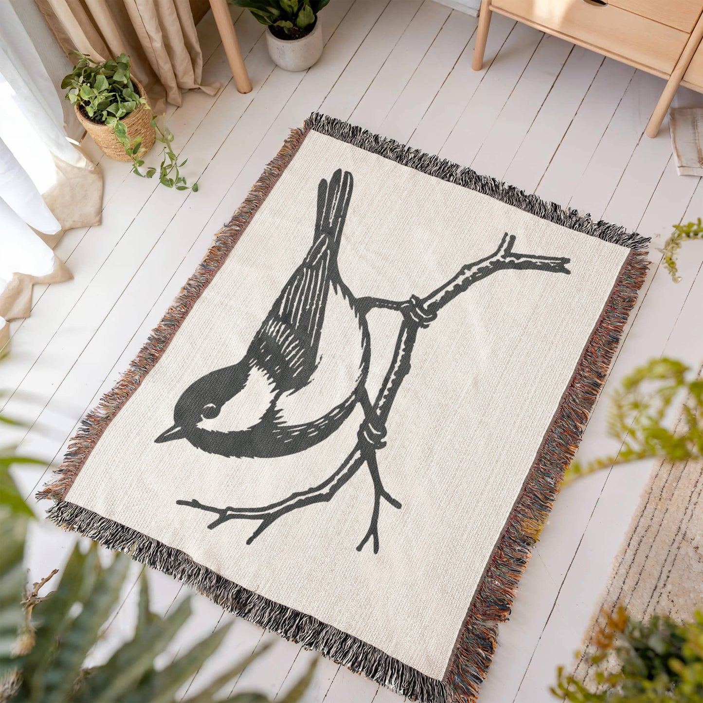 Chickadee on a Branch Woven Blanket