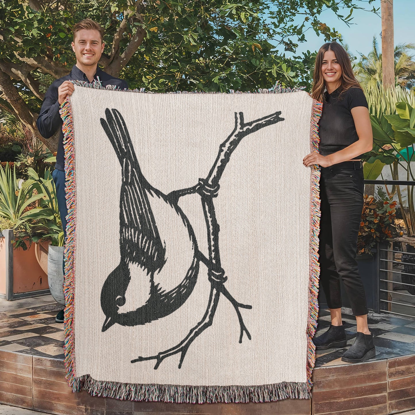 Chickadee on a Branch Woven Blanket