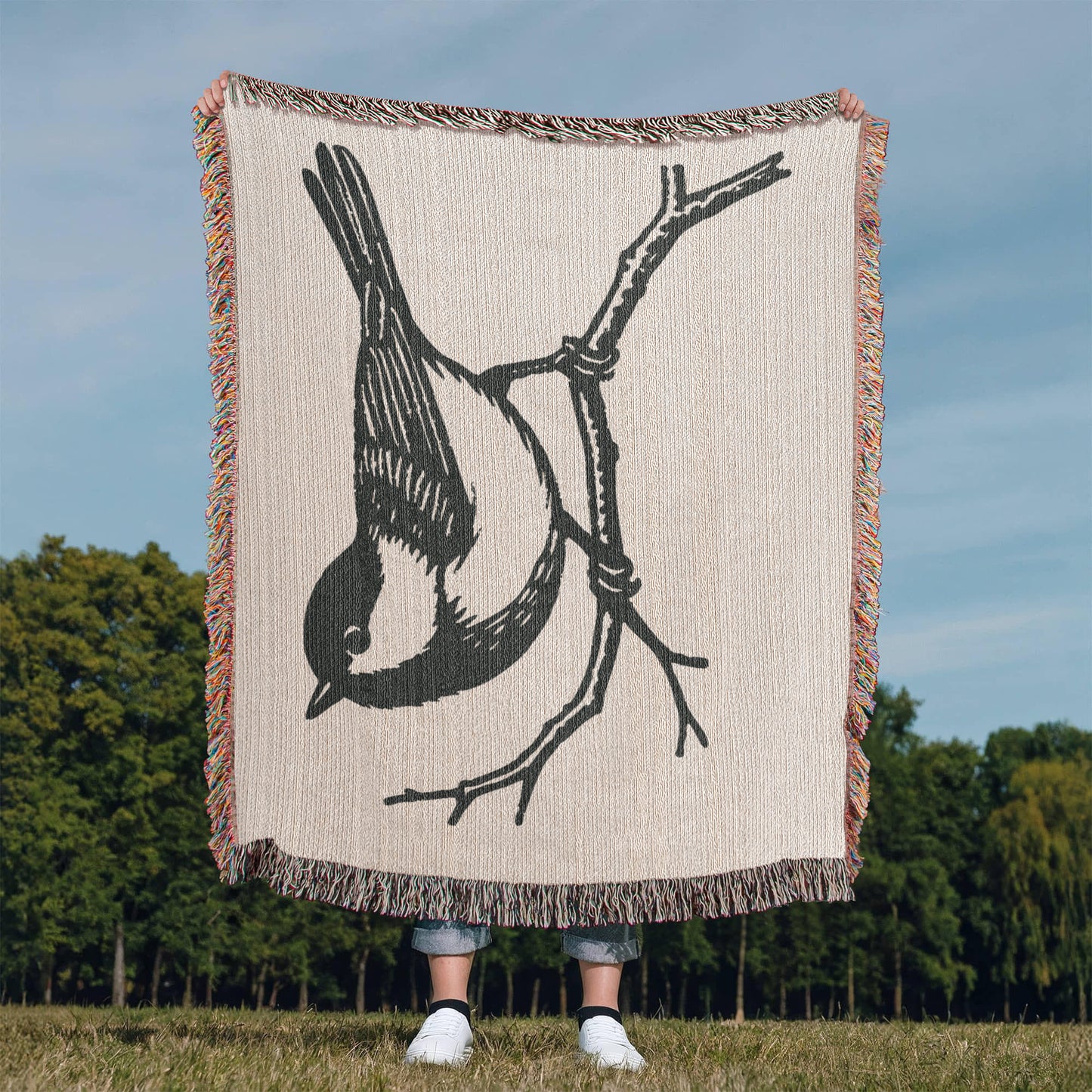 Chickadee on a Branch Woven Blanket
