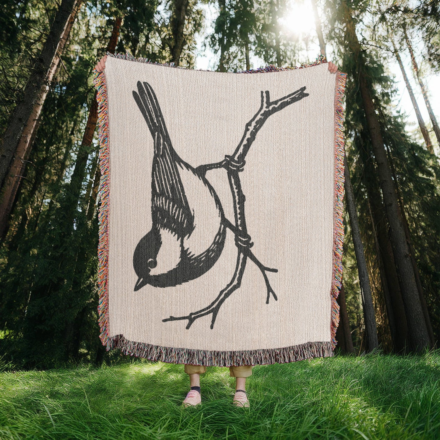 Chickadee on a Branch Woven Blanket