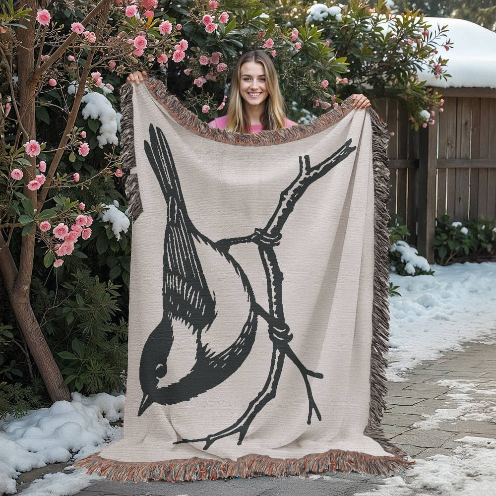 Chickadee on a Branch Woven Blanket